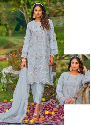 Blue Emboidery Work Traditional Wear Organza Pakistani Suit